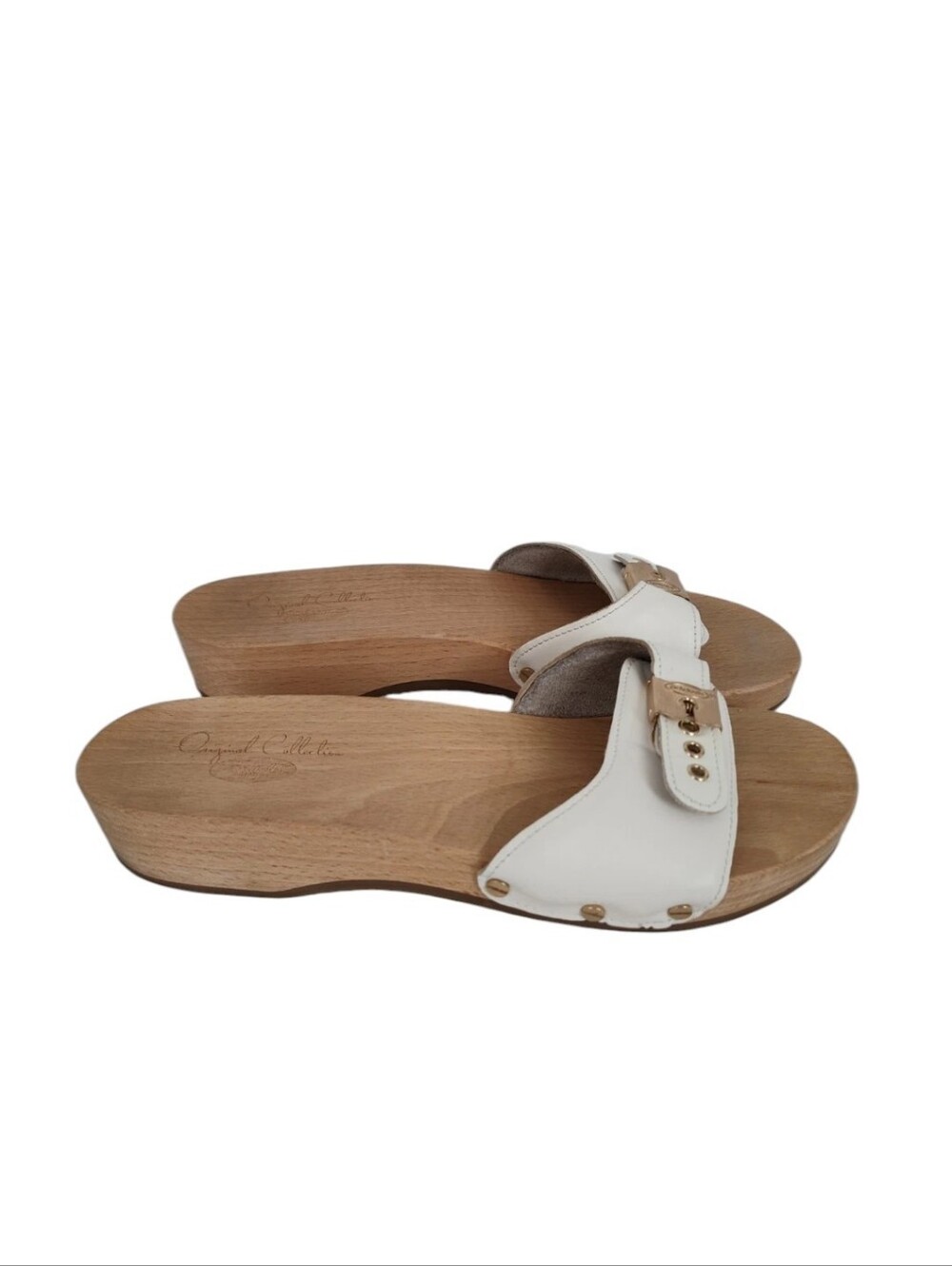 Dr. Scholl's Original Sandals Women's Size 8 Wooden Slides White Leather Upper - Picture 2 of 6